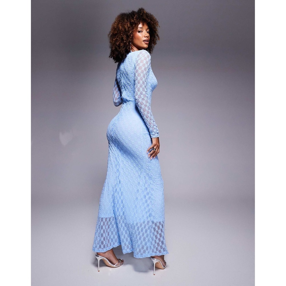 Bardot Light Blue Lace Square Neck Long Sleeve Maxi Dress Cornflower